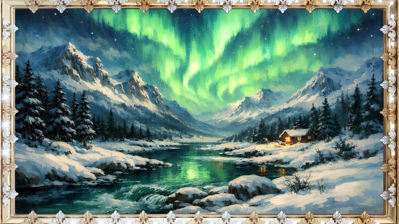 Northern Lights Over the Mountain River: 4K Serene Night Landscape with Soft Glow | Frame TV Art