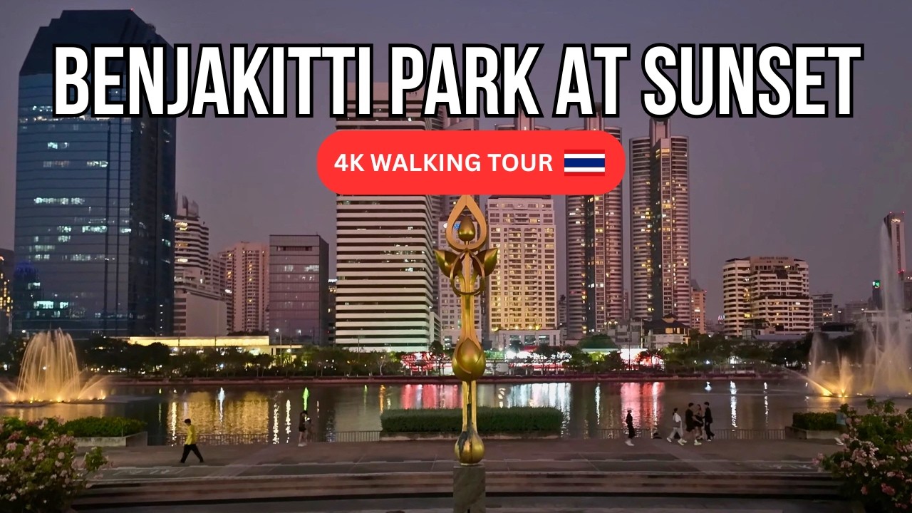 Benjakitti Park Skywalk Bangkok, Thailand 🇹🇭 | 4k Sunset Walk 🌇 | People, City Lights & Sunset