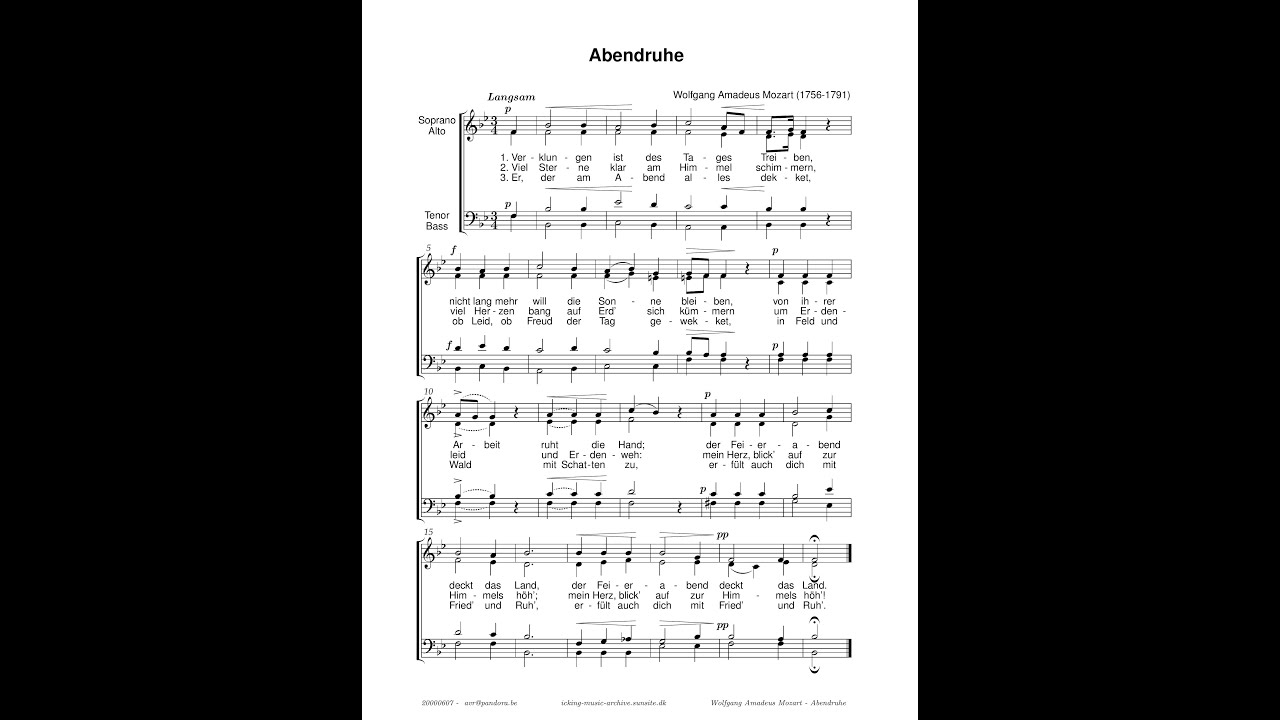 Wolfgang Amadeus Mozart : Abendruhe, K.Anh.C 9.10 for SATB Choral (with score)