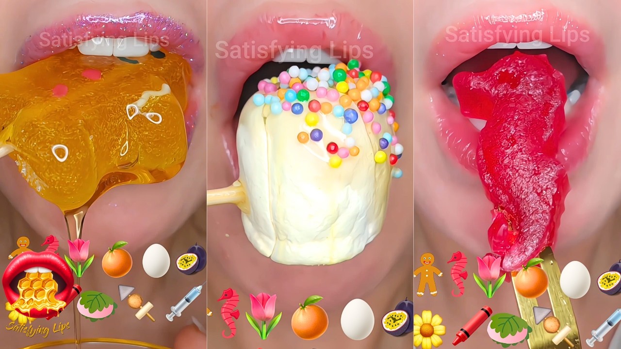 Satisfying ASMR Eating Sounds Emoji Food Challenge Peely Gummies Wax Candy