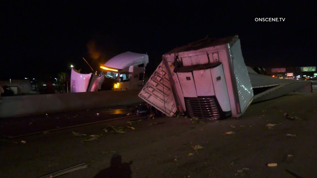 Overturned Semi Spills Corn Across I-10 in San Bernardino