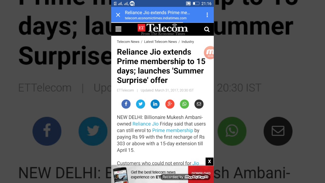 Summer surprise - Jio Prime membership dates extended 15 April 2017