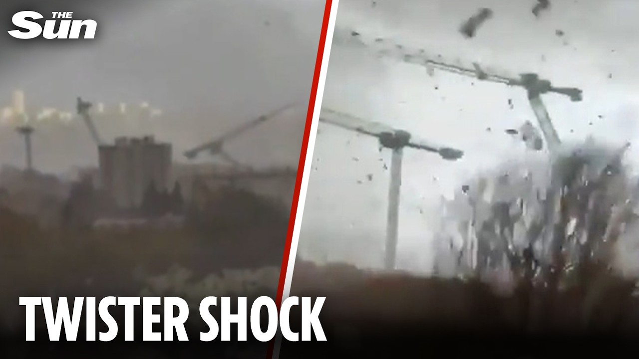 Moment huge tornado strikes Paris suburb destroying three cranes and leaving at least one dead