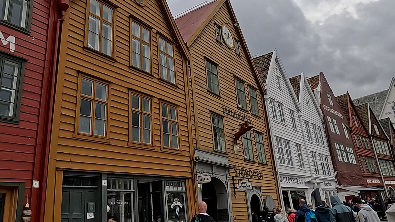 Bergen on a rainy day with Mount Ulriken + Bryggen