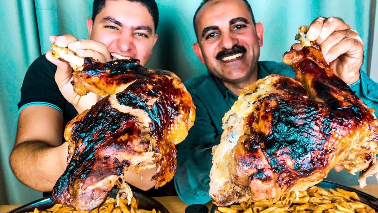 تحدى اكل/اكبر فخدتين ديك رومى مشوى مع مكرونه قلم  بالصوص الكورى الحار💥🔥والعقاب غرق فى شبر ميه