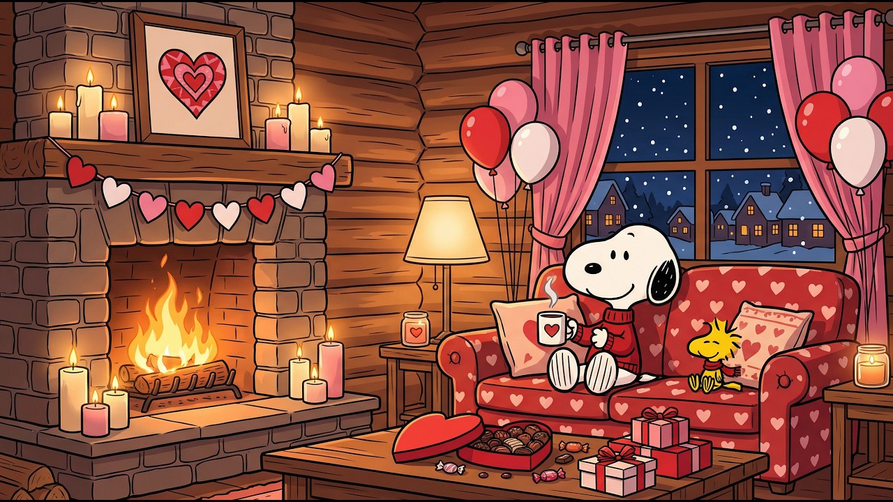 (NO ADS)  Valentine Night Cozy Ambience ❤️ Fireplace + Soft Lights | Snoopy