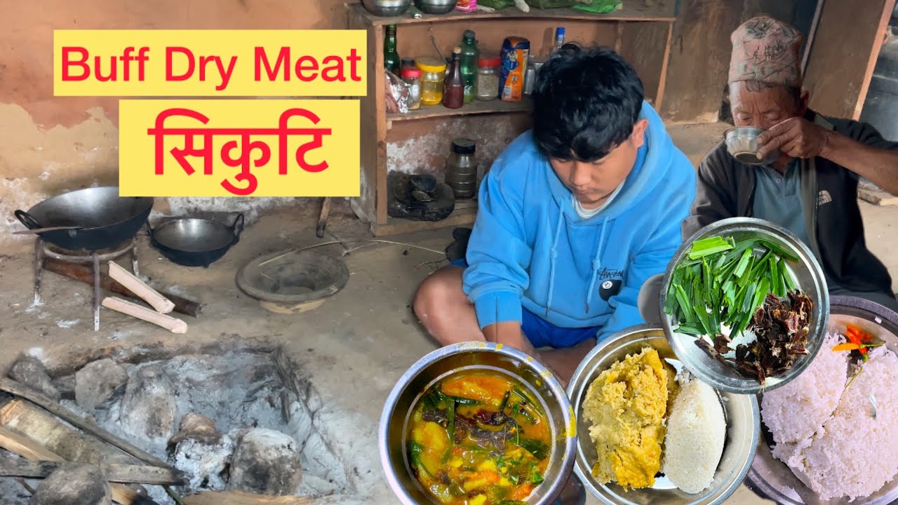 Buff Dry Sukuti Cooking and Eating // Bamboo cottage Making Day 2