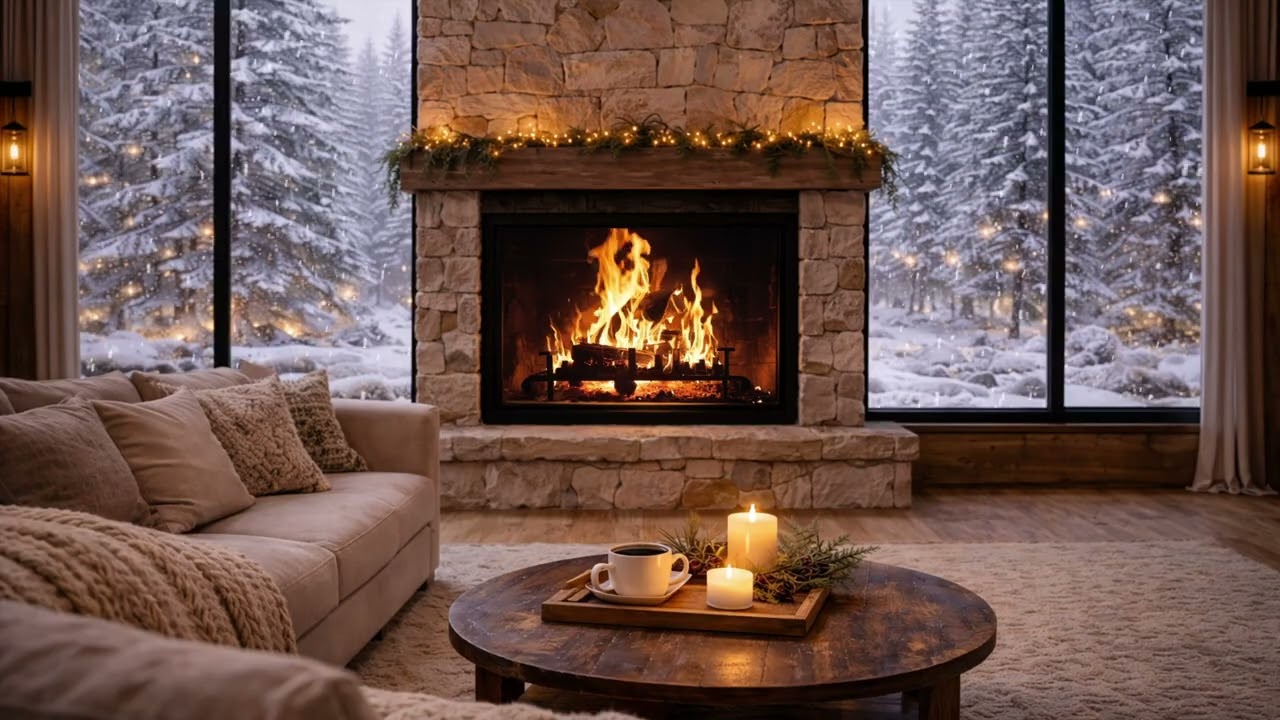 Cozy Fireplace Ambience with Soft Jazz Music and Crackling Fire, Winter Cabin Relaxation (1.5 Hours)