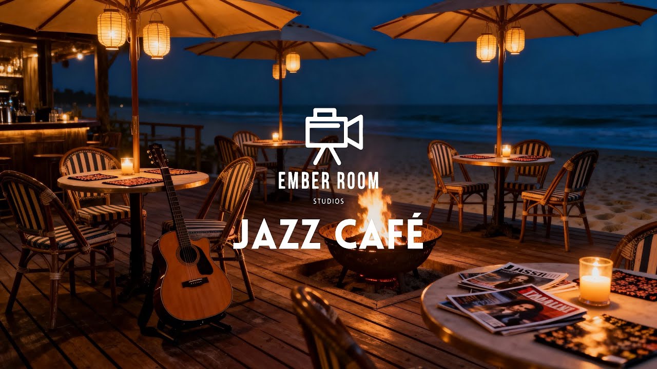 Jazz Café on the Beach 🌊 4 Hours of Smooth Jazz with Gentle Ocean Waves | Relaxing Night Ambience