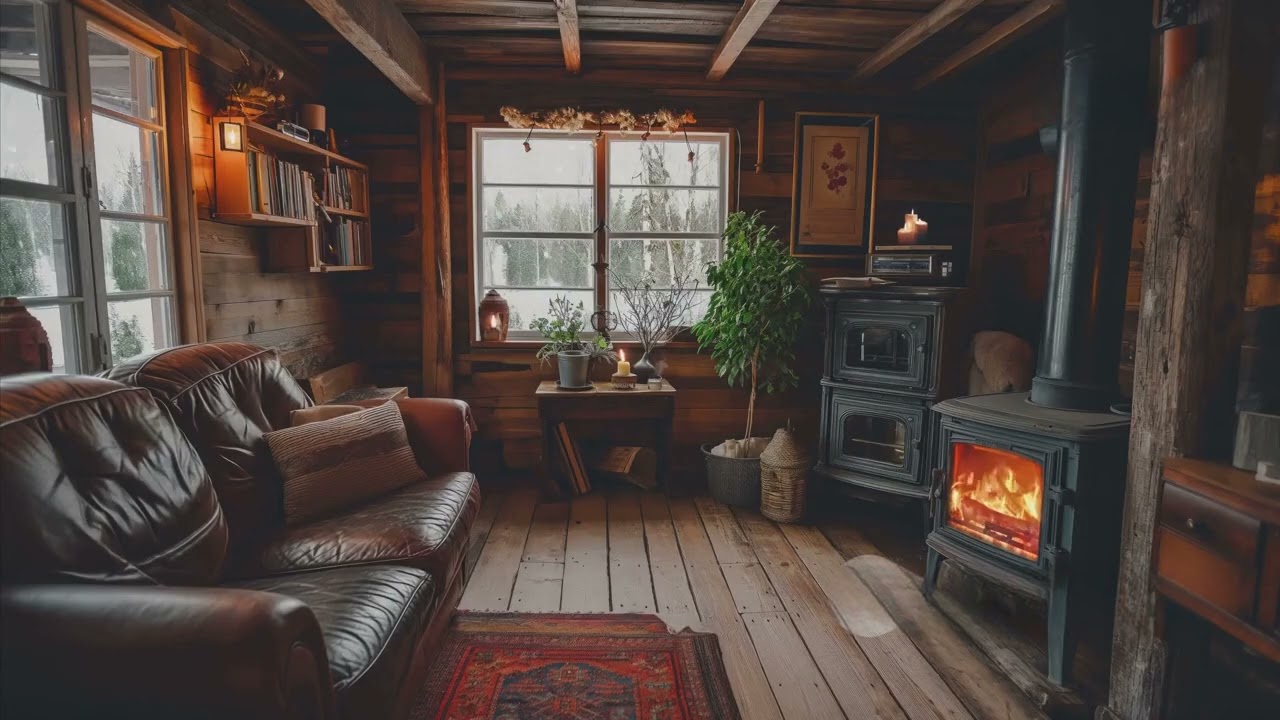 🔥 Salón de Cabaña Acogedora con Chimenea - Tormenta de Nieve y Sonido Relajante