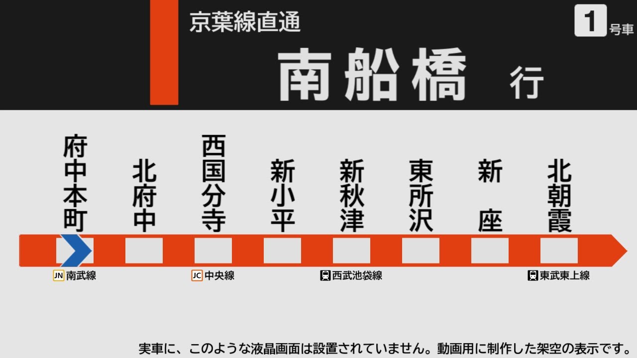 【自動放送】武蔵野線 府中本町→南船橋【架空LCD】 / Announcements of the JR Musashino Line train bound for Minami-Funabashi