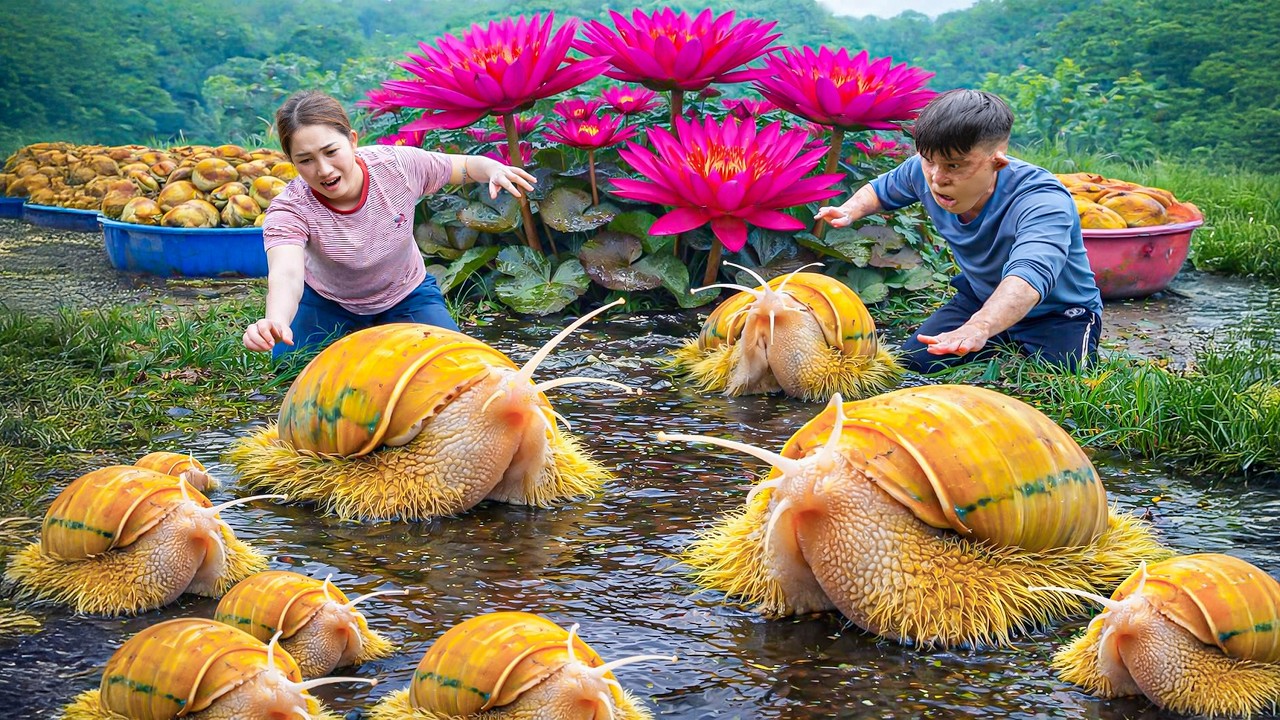 Harvesting Giant Hairy Snails in Wild Pond, Cook Super Spicy Snail | Rare Once-a-Year Snail