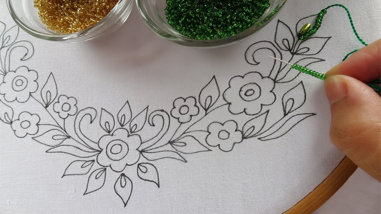 beaded hand embroidery neck design for dress,beads work, easy neck stitches