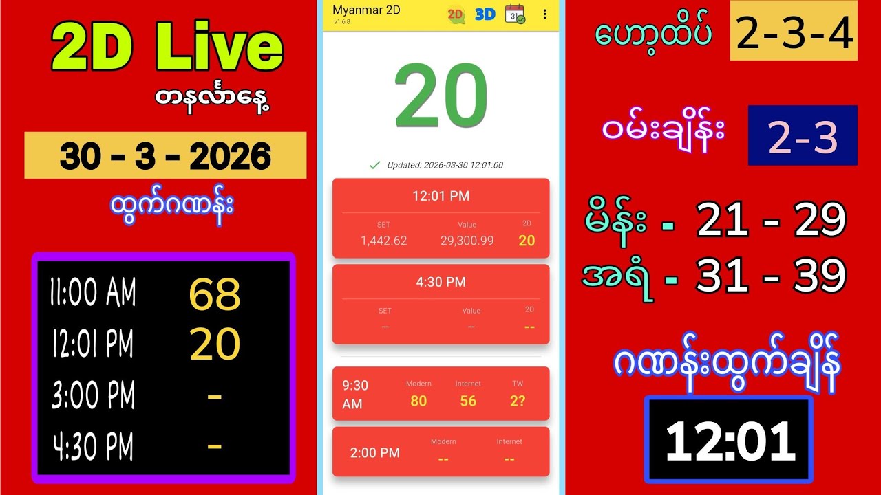 2D Live (30-3-2026) တနင်္လာနေ့လယ် 12:01 #2dlive #2dliveaungaung #2d3d #2d #ဟော့ထိပ်