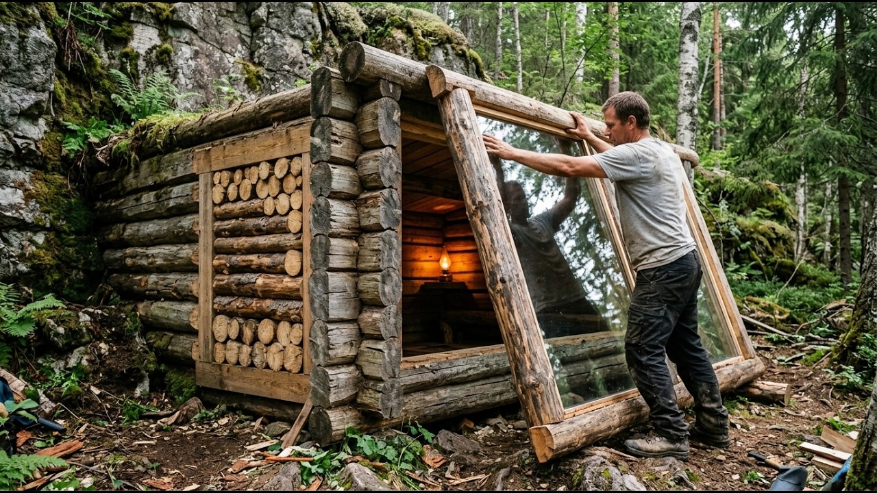 Building a Cozy Secret Glass Cabin in the Forest in 7 Days | Bushcraft, Survival
