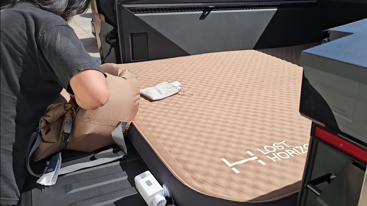 Tesla Cybertruck Truck Bed Mattress Setup Lost Horizon Double Size with Pump Flashlight USB Battery