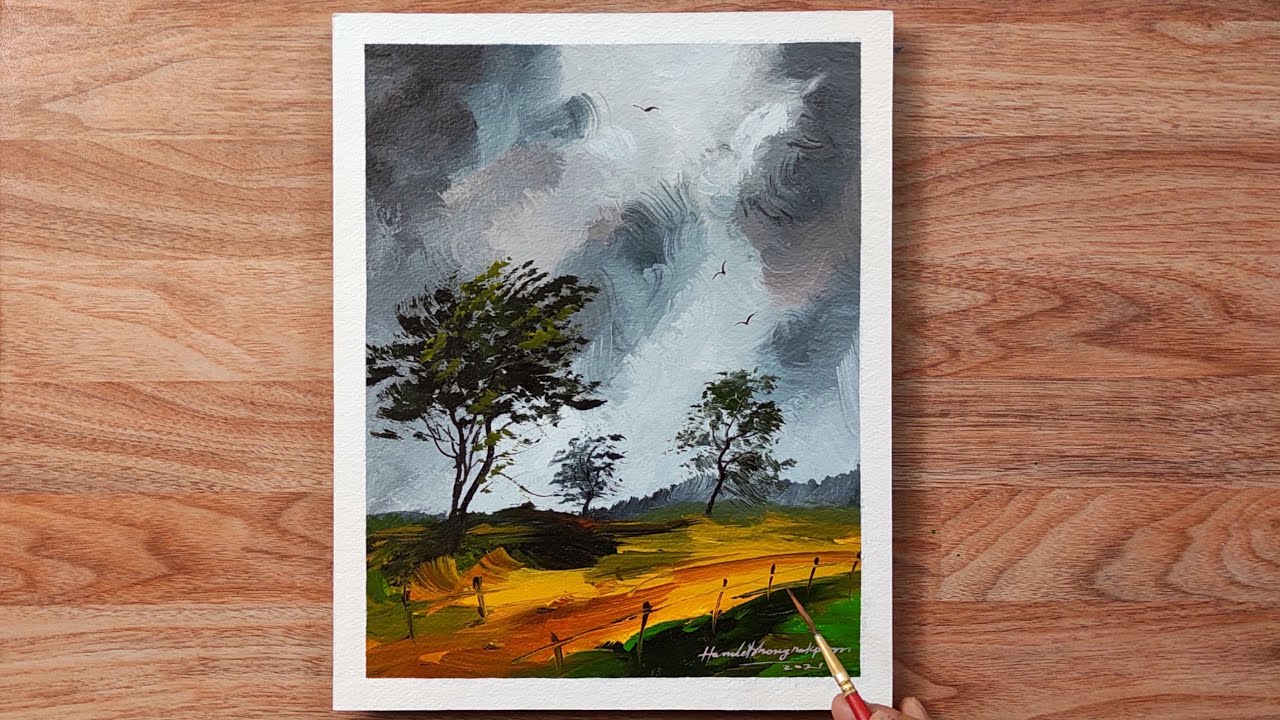 Very Easy Cloudy Sky and Road painting/ Acrylic Landscape on Paper / Hamlet Shougrakpam Art