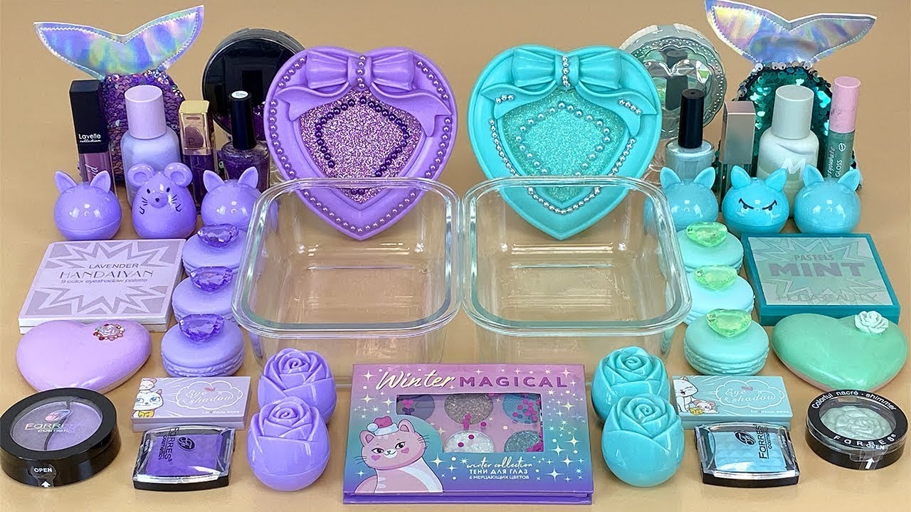 PURPLE vs MINT SLIME Mixing makeup and glitter into Clear Slime ASMR Satisfying Slime Videos 1080p