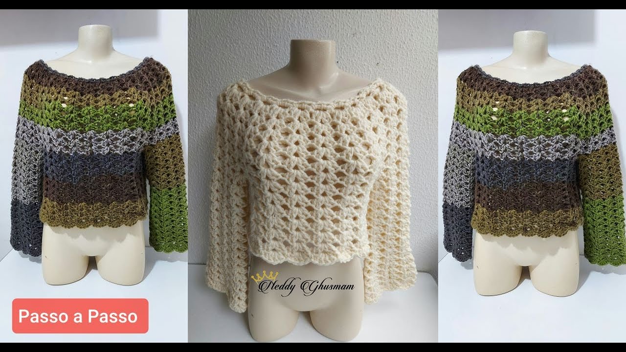 Cropped De Crochê com Mangas Longas -  Crochê Passo a Passo  Prof.Neddy Ghusmam