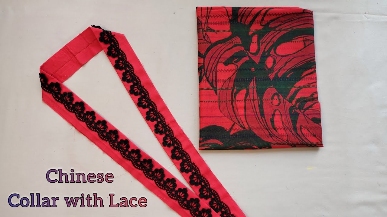 Chinese Collar with Lace Cutting & Stitching | Overlap V Neck Design with Lace | V placket neck
