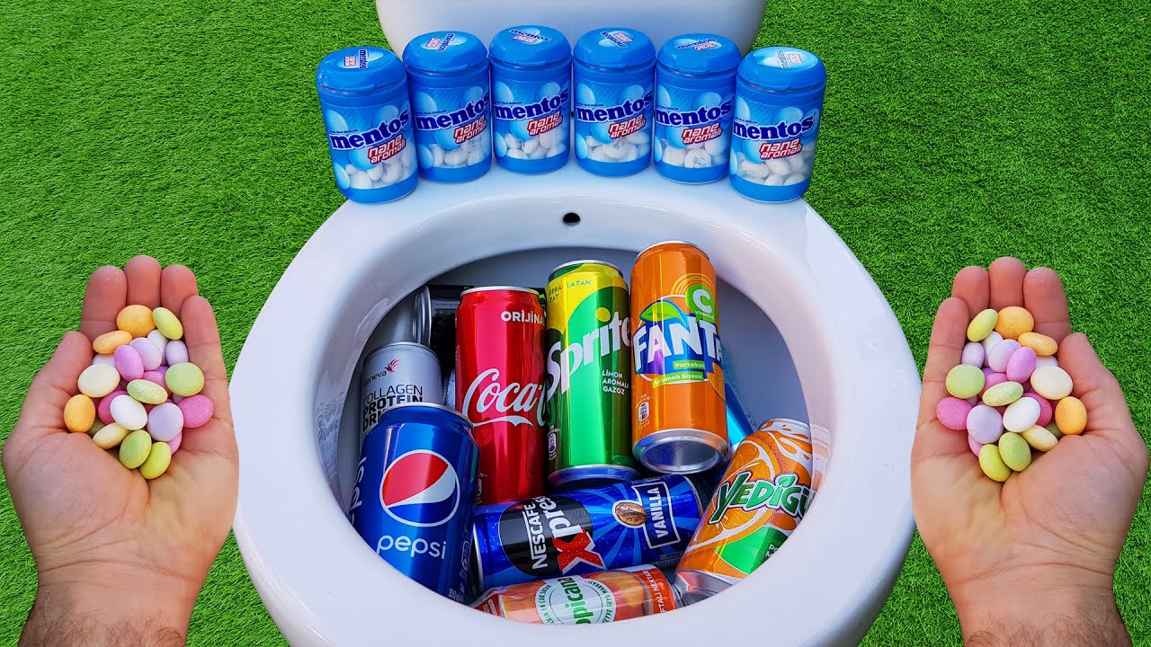 Experiment !! Cola, Tropicana, Fanta, Pepsi, Monster, Sprite, Nescafe and Mentos in the toilet