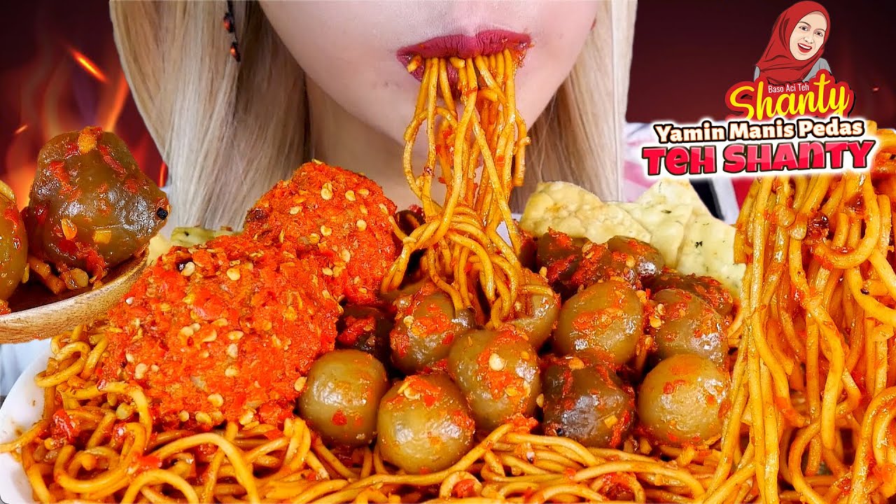 ASMR MUKBANG 💥🍜YAMIN MANIS PEDAS TEH SHANTY + BAKSO MERCON PAK MUH COLLAB @inak-asmr SPICY NOODLE