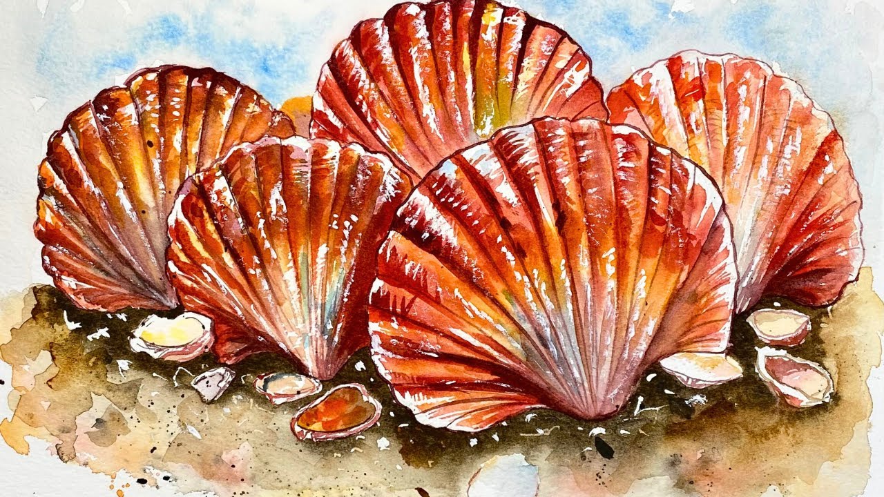 Seashells Watercolor Painting 🐚✨ | Soft Sand Texture + Glowy Highlights 🌞🎨