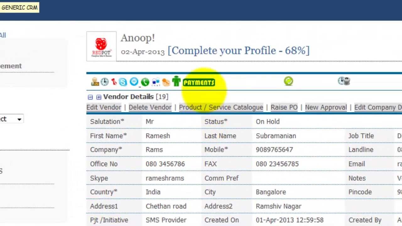 Tracking Vendor Payment details in REDPOT CRM