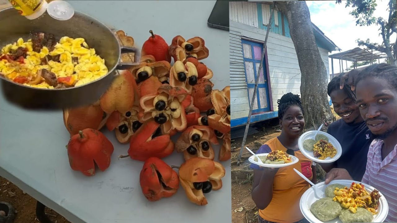 Calalloo dumplin with ackee and fry chicken back+calalloo drinks on the side.