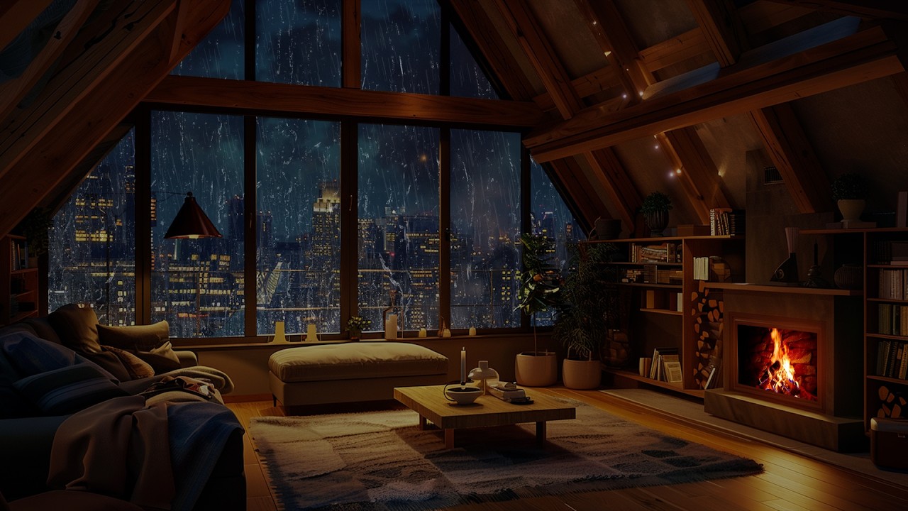 Soft Fireplace Crackles & Night Rain | A Warm Night Refuge for Calm and Deep Sleep