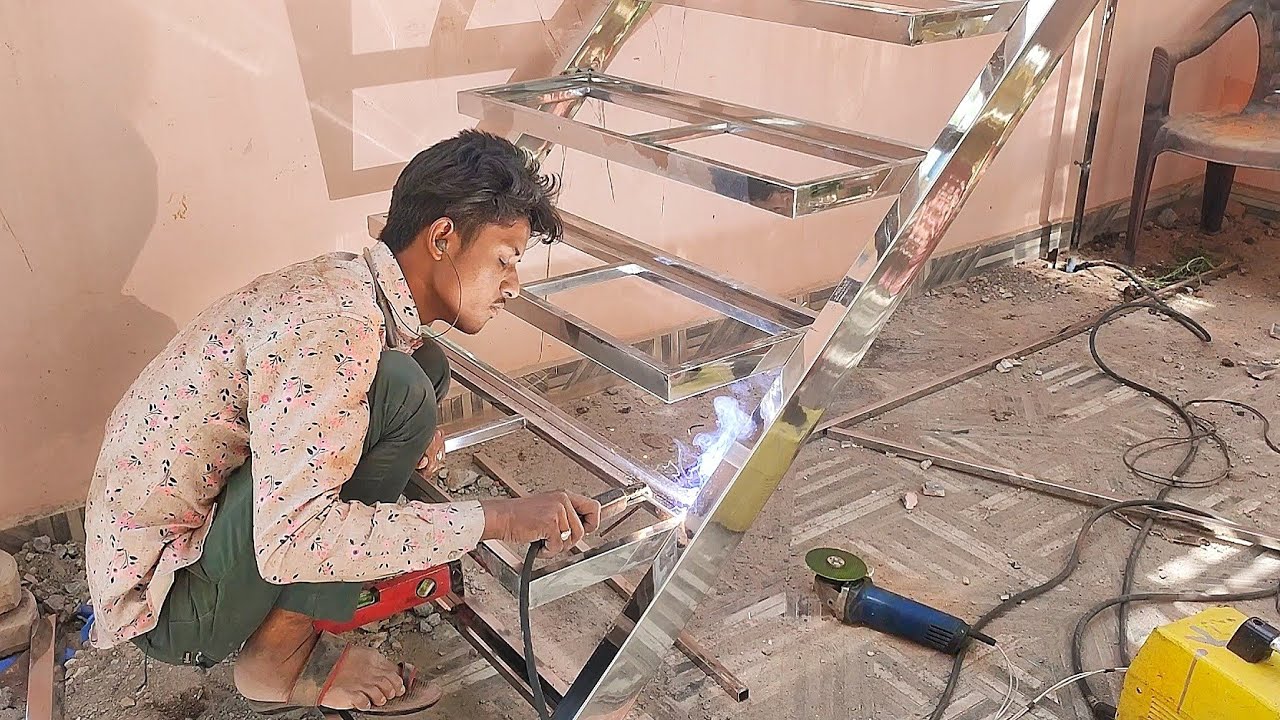 Stainless Steel Hollow tube Staircase stairs installation process - by welder md khan