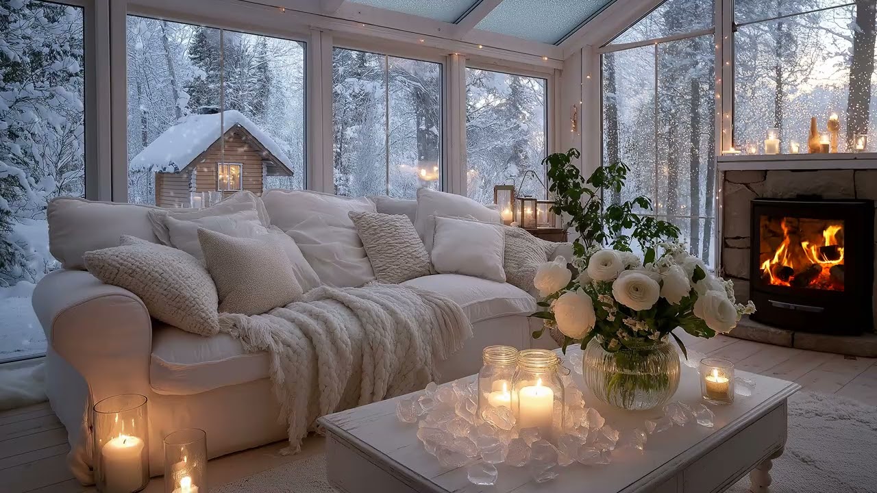 🎶 Peaceful Winter Piano | White Lounge, Flowers & Fireplace ❄️5 Hours | Relaxing Focus Study Sleep