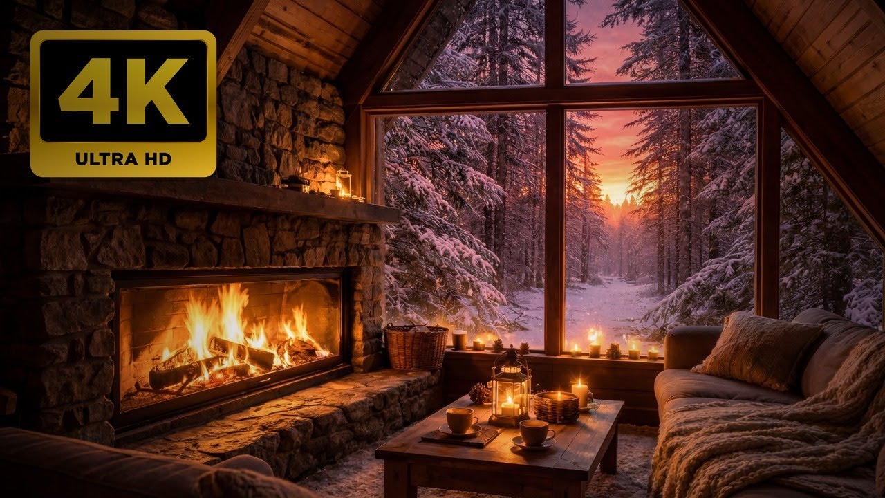 4K Scandinavian Cabin Fireplace + Snowy Forest (No Music) | 10 Hours | Sleep Ambience