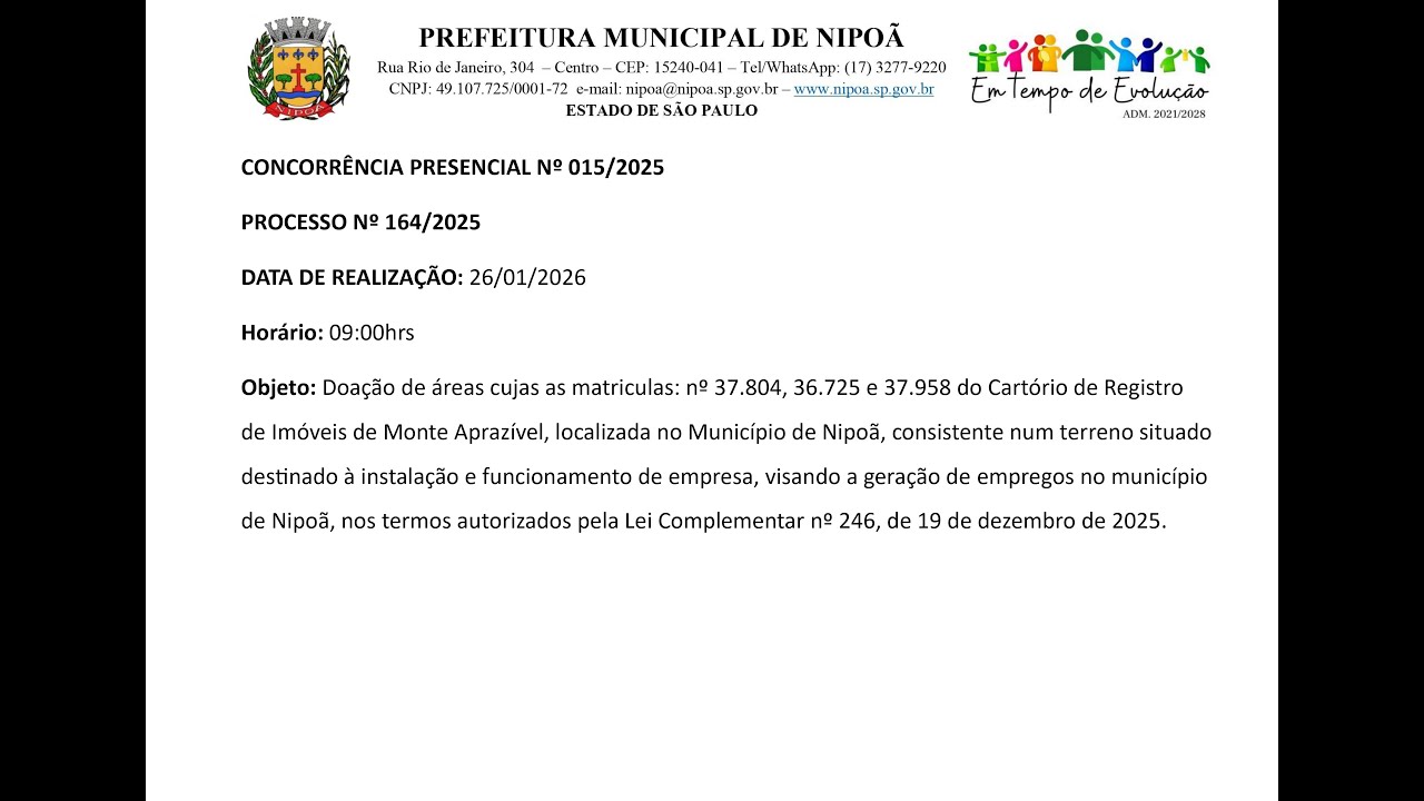 CONCORRÊNCIA PRESENCIAL Nº 015/2025 PROCESSO Nº 164/2025