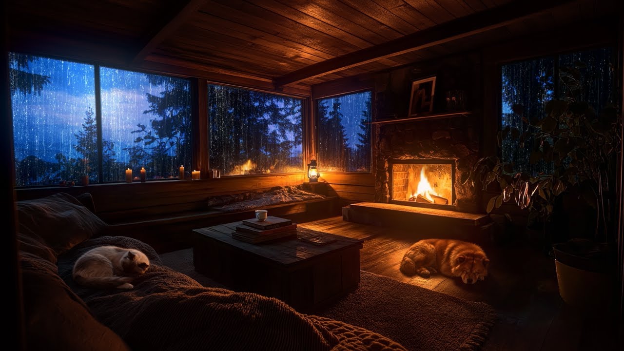 Уютная комната для ночного отдыха 🌧️ от грозы, камин и успокаивающая атмосфера дождя
