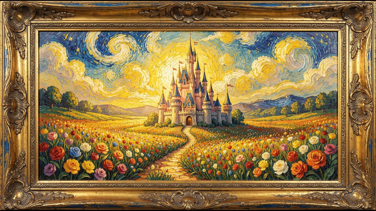 Sunrise Princess Castle with Blooming Flower Fields | frame tv art 4k with music | tv screensaver