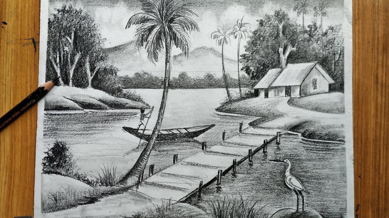 how to draw easy pencil sketch  scenery ,landscape pahar and river side scenery drawing,