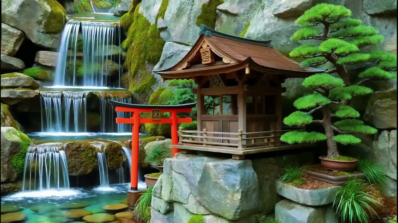 🌸 Magical Japanese Waterfall Shrine 🏯 Relaxing Zen Garden Ambience with Water Sounds