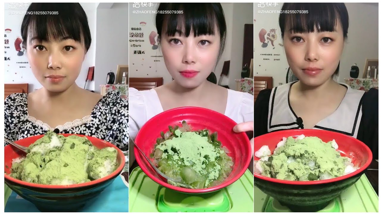 ASMR | ZHAOFANG EATING SHAVED ICE WITH MATCHA POWDER 💚🍵 |
