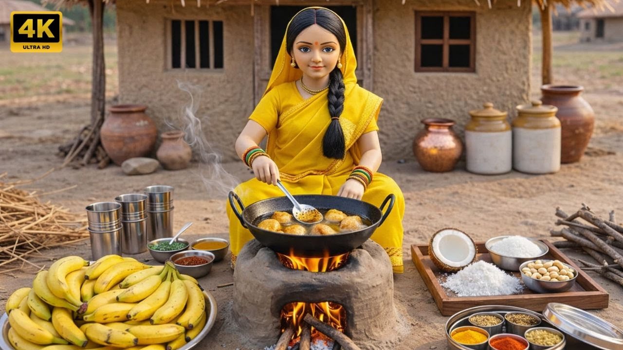 Miniature Doll Makes Banana Coconut Filling Fritters ASMR | Indian Village Tiny Kitchen