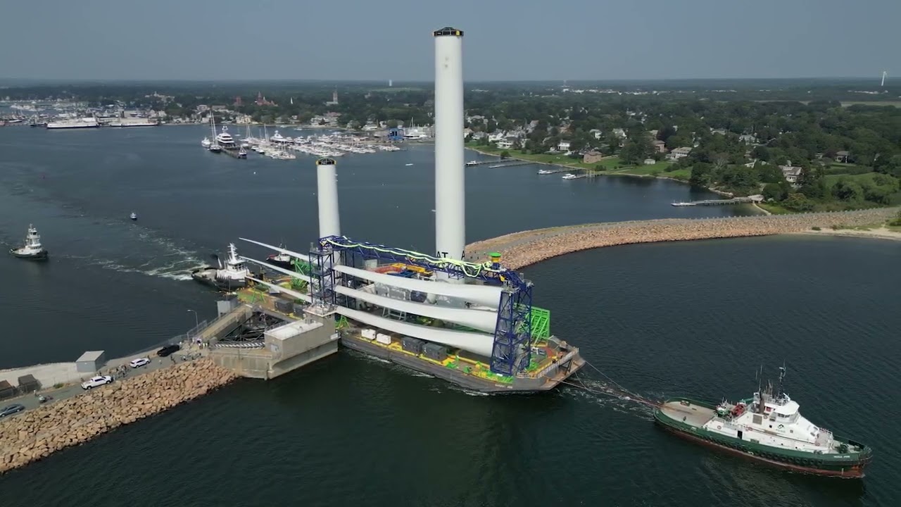 Drone footage as first assembled turbine parts leave New Bedford