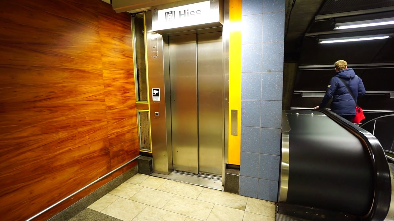 Sweden, Stockholm Central Station, diagonal elevator down to blue line subway