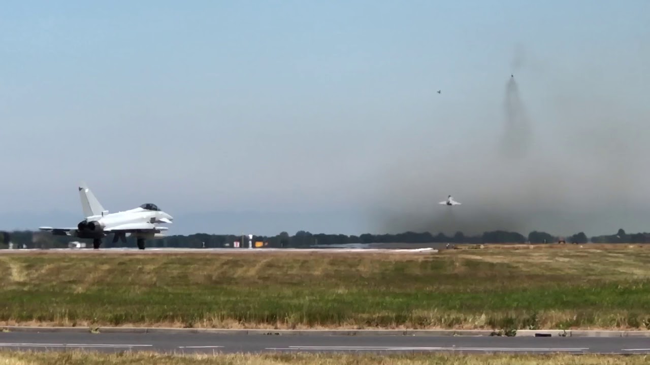 Mass Typhoon Take off for RAF100 flypast practice RAF Coninsgby 29/06/18.