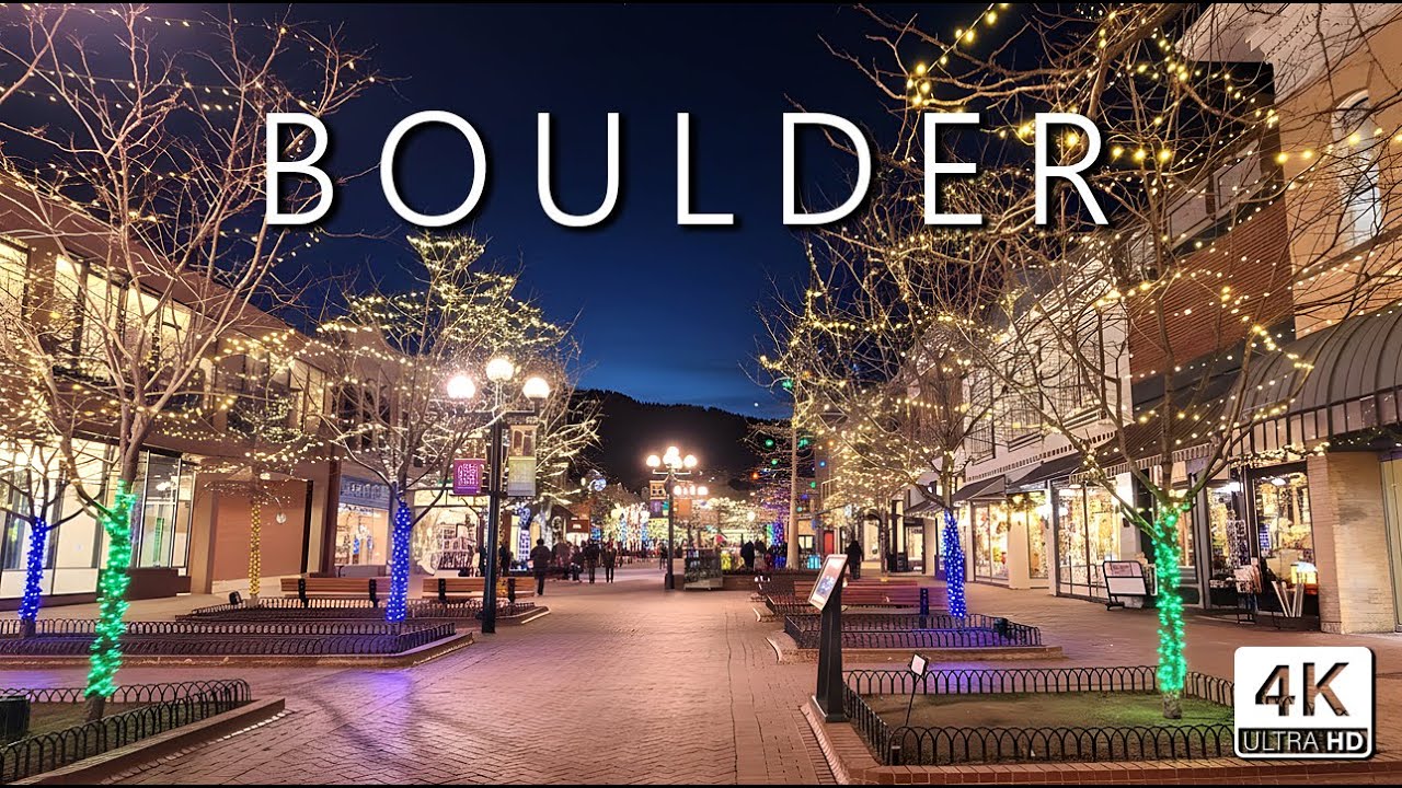 Boulder Colorado - Winter Evening in Christmas Decorated Rocky Mountains Foothills Town - 4K Walking