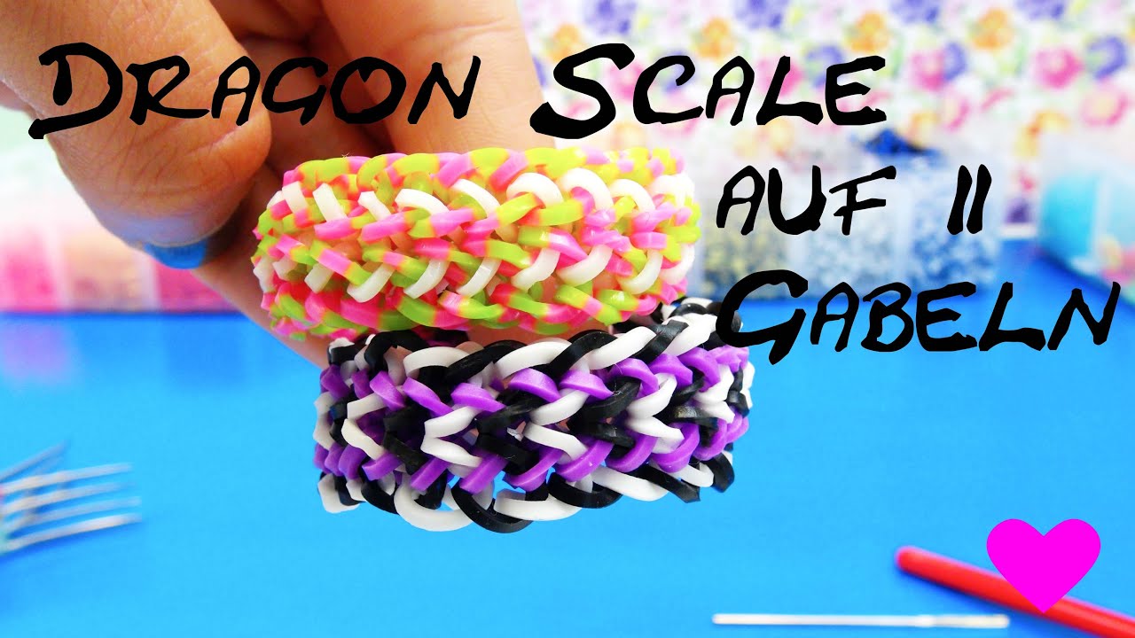 Drachenschuppen Loom Armband deutsch mit Gabel Dragon Scale auf 2 Gabeln / Dragon Scale on 2 Forks