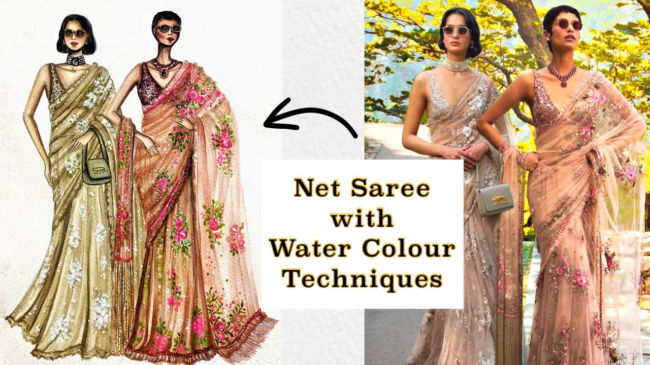 Net Saree with Water Colours | Fashion Illustration | Art Studio by Srabani