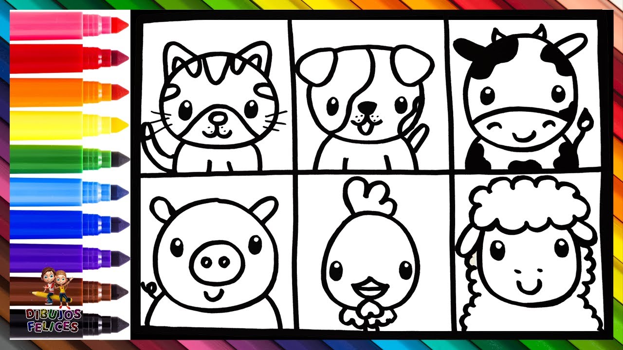 Dibuja y Colorea Animales De Granja 🐱🐶🐮🐷🐔🐑🌈 Dibujos Para Niños