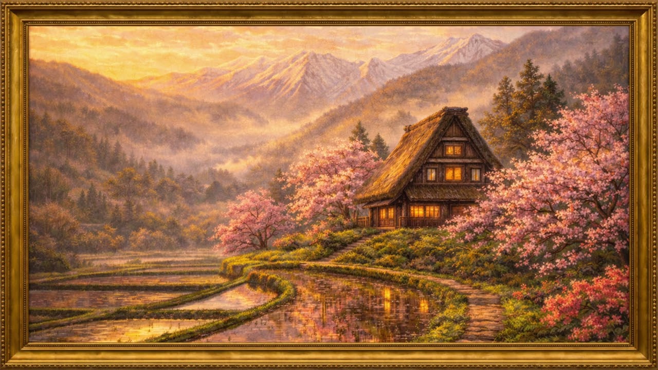 Japanese Farmhouse in a Mountain Village Spring | 4K Framed Art Screensaver | 2 Hour Silent Painting