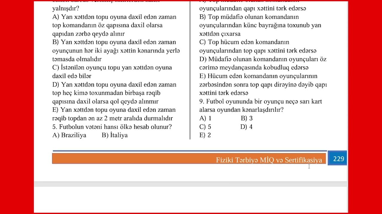 Fiziki tərbiyə. Futbol mövzusunun testlərinin izahi. MİQ 2025