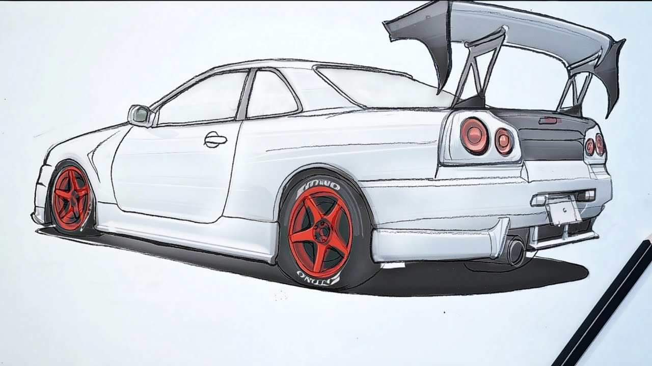Чертеж Nissan GTR R34 | Простой пошаговый рисунок 🔥 (спортивный вид сзади 😍)🔥
